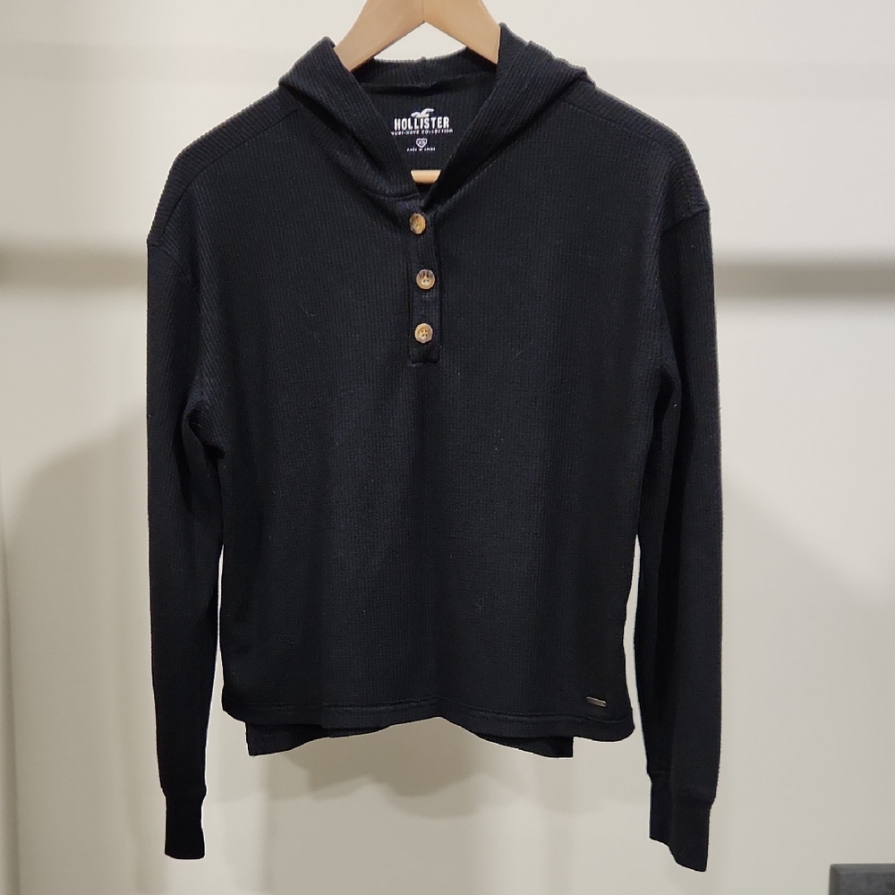 Hollister Black Waffle-Knit Hooded Henley